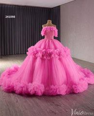 Hot Pink Ruffle Wedding Dresses Tulel Ball Gown Off the Shoulder Quinceanera Dress 241098