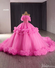 Hot Pink Ruffle Wedding Dresses Tulel Ball Gown Off the Shoulder Quinceanera Dress 241098