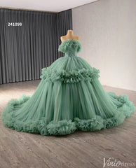 Hot Pink Ruffle Wedding Dresses Tulel Ball Gown Off the Shoulder Quinceanera Dress 241098