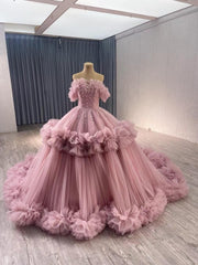 Hot Pink Ruffle Wedding Dresses Tulel Ball Gown Off the Shoulder Quinceanera Dress 241098