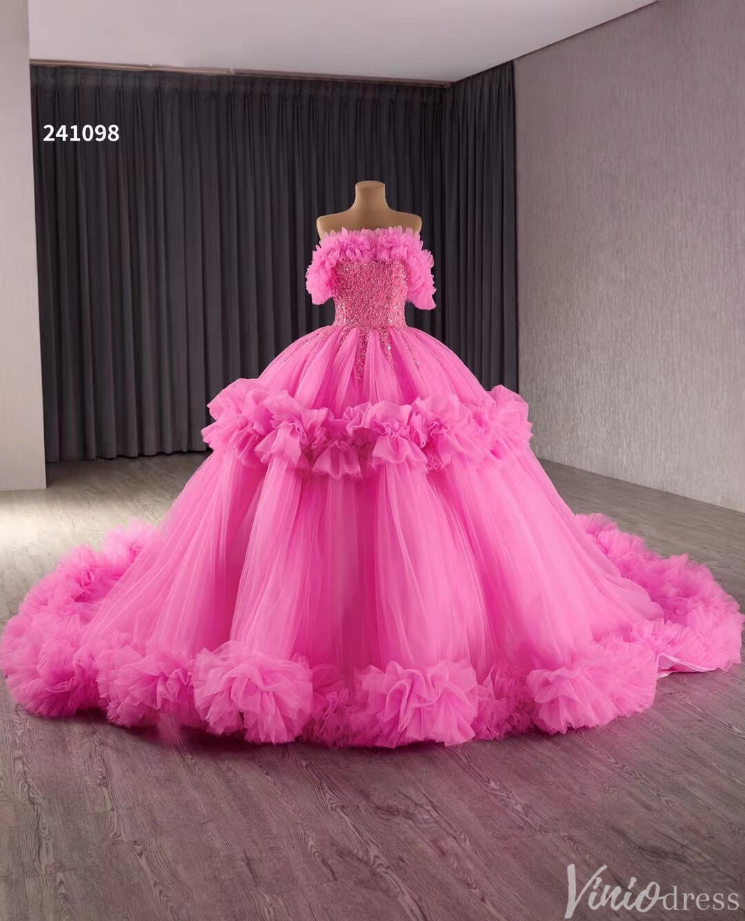 Hot Pink Ruffle Wedding Dresses Tulel Ball Gown Off the Shoulder Quinceanera Dress 241098