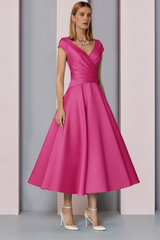 Navy Satin A-Line Mother of the Bride Dress V Neck Tea Length Wedding Guest Dress
