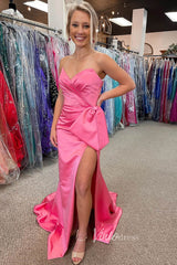 Hot Pink Satin Prom Dresses with Slit, Strapless Mermaid Dress with Bow FD3267