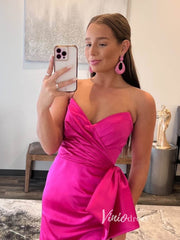 Hot Pink Satin Prom Dresses with Slit, Strapless Mermaid Dress with Bow FD3267