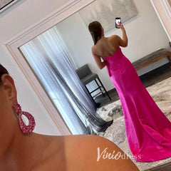 Hot Pink Satin Prom Dresses with Slit, Strapless Mermaid Dress with Bow FD3267