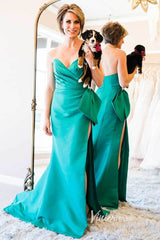 Hot Pink Satin Prom Dresses with Slit, Strapless Mermaid Dress with Bow FD3267