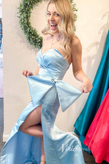 Hot Pink Satin Prom Dresses with Slit, Strapless Mermaid Dress with Bow FD3267