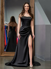 Hot Pink Spaghetti Straps Satin Mermaid Prom Dress with Slit