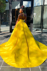 Hot Yellow Halter Open Back Beads Side Slit Ball Gown Prom Dress