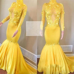 Hot Yellow High Neck Long Sleeves Mermaid Appliques Sexy Prom Dress