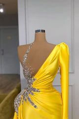 Hot Yellow Long Sleeves Ruffles Sheath Crystal Prom Dress