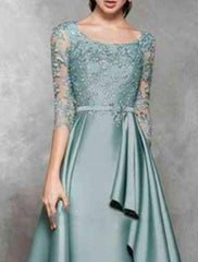 A-Line Mother of the Bride Dress Wedding Guest Elegant Jewel Neck Floor Length Satin Lace 3/4 Length Sleeve No with Sash / Ribbon Ruffles Appliques