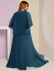 Two Piece A-Line Mother of the Bride Dress Formal Wedding Guest Elegant V Neck Floor Length Chiffon Lace Sleeveless with Ruched Appliques