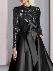A-Line Mother of the Bride Dress Wedding Guest Elegant Sparkle & Shine High Neck Tea Length Satin Sequined Long Sleeve with Bow(s)