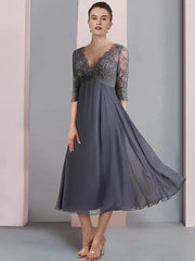 A-Line Mother of the Bride Dress Formal Wedding Guest Vintage Elegant V Neck Tea Length Chiffon Lace Half Sleeve with Beading Sequin Appliques