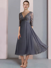 Aimishang A-Line Mother of the Bride Dress Formal Wedding Guest Vintage Elegant V Neck Tea Length Chiffon Lace Half Sleeve with Beading Sequin Appliques