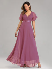A-Line Prom Dresses Red Green Dress Fall Wedding Guest Dress For Bridesmaid Floor Length Short Sleeve V Neck Chiffon V Back with Ruched Ruffles