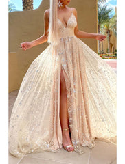 A-Line Prom Dresses Sparkle & Shine Dress Wedding Guest Engagement Sweep / Brush Train Sleeveless V Neck Satin with Pleats Sequin Slit