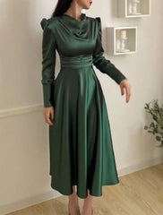 A-Line Cocktail Dress Christmas Red Green Dresses Elegant Dress Wedding Guest Fall Tea Length Long Sleeve Cowl Neck Bridesmaid Dress Red Green Dress Satin with Ruched