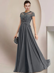 Sheath / Column Mother of the Bride Dress Wedding Guest Party Elegant Jewel Neck Floor Length Chiffon Lace Short Sleeve with Pleats