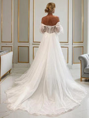 A-shaped Sweetheart Long sleeved Church Trailing Tulle Tight Corset Wedding Dress Off Shoulder With Slit