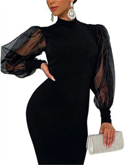 Sheath / Column Wedding Guest Dresses Elegant Dress Party Wear Semi Formal Tea Length Long Sleeve High Neck Stretch Chiffon with Pure Color