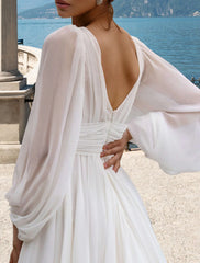 Aimishang Beach Sexy Wedding Dresses A-Line V Neck Long Sleeve Court Train Chiffon Bridal Gowns With Pleats Split Front