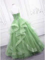 Ball Gown Prom Dresses Glittering Dress Formal Wedding Guest Floor Length Sleeveless V Neck Tulle with Glitter Ruffles