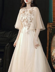 A-Line Prom Dresses Cute Dress Valentine's Day Wedding Guest Floor Length Half Sleeve V Neck Tulle with Beading Appliques