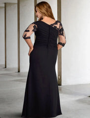 Aimishang  A-Line Mother of the Bride Dresses Plus Size Hide Belly Curve Elegant Fall Wedding Guest Dress Formal Floor Length Half Sleeve Jewel Neck Chiffon with Pleats Ruched Appliques