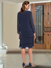 Two Piece Sheath / Column Mother of the Bride Dress Elegant Scoop Neck Knee Length Chiffon Lace Sleeveless Wrap Included with Beading