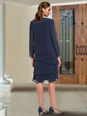 Two Piece Sheath / Column Mother of the Bride Dress Elegant Scoop Neck Knee Length Chiffon Lace Sleeveless Wrap Included with Beading Ruffles