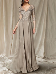 Aimishang A-Line Mother of the Bride Dress Wedding Guest Plus Size Elegant V Neck Floor Length Chiffon Lace Half Sleeve with Pleats Appliques