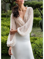 Wholesale Formal Wedding Dresses Mermaid / Trumpet V Neck Long Sleeve Sweep / Brush Train Sequined Bridal Gowns With Beading Solid Color