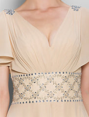 A-Line Mother of the Bride Dress Beautiful Back V Neck Floor Length Chiffon Short Sleeve No with Criss Cross Beading