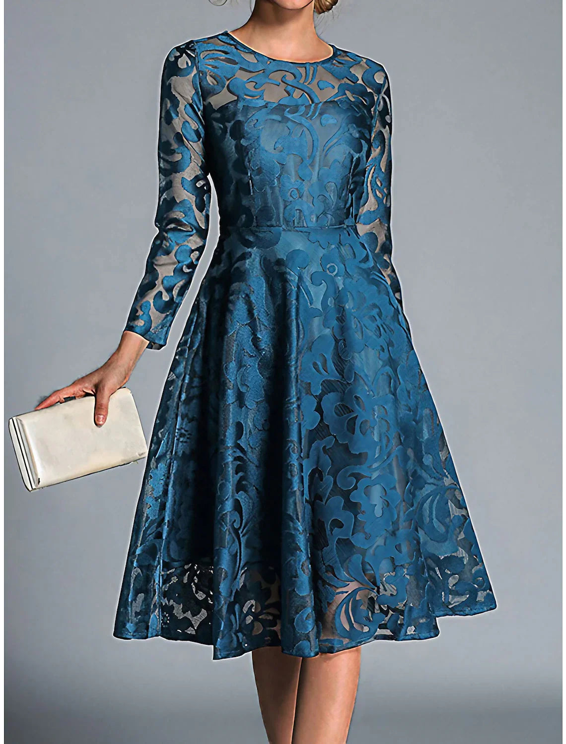 Women's Party Dress Lace Dress Swing Dress Midi Dress Wine Red Black Blue Long Sleeve Pure Color Lace Winter Fall Spring Crew Neck Elegant Party Winter Dress Wedding Guest