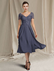 Aimishang A-Line Mother of the Bride Dress Plus Size Elegant V Neck Tea Length Chiffon Lace Short Sleeve with Pleats Appliques