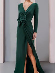 Aimishang  A-Line Mother of the Bride Dress Wedding Guest Elegant V Neck Sweep / Brush Train Stretch Fabric Long Sleeve with Bow(s) Split Front Ruching