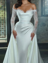 Wholesale Engagement Formal Fall Wedding Dresses Sheath / Column Off Shoulder Long Sleeve Chapel Train Satin Bridal Gowns With Appliques Solid Color Summer Wedding Party