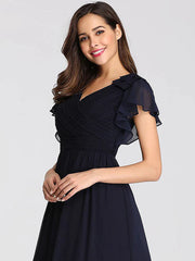 A-Line Mother of the Bride Dress Plus Size V Neck Floor Length Chiffon Short Sleeve with Ruffles Ruching
