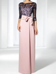 Sheath / Column Mother of the Bride Dress Wedding Guest Elegant Jewel Neck Floor Length Satin Lace 3/4 Length Sleeve with Bow(s)