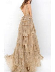 Ball Gown A-Line Prom Dresses Elegant Dress Formal Prom Floor Length Sleeveless V Neck Tulle with Ruched