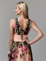 A-Line Party Dress Floral Dress Holiday Wedding Guest Floor Length Sleeveless V Neck Bridesmaid Dress Chiffon with Pattern / Print