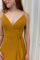 Brownish Yellow Wrap Ruffled Long Bridesmaid Dress