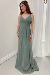 Dark Sage Green V-Neck A-Line Long Bridesmaid Dress
