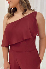 Ruffles Burgundy Chiffon One-Shoulder Wide-Leg Jumpsuit