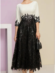 Aimishang  A-Line Mother of the Bride Dress Wedding Guest Elegant Scoop Neck Tea Length Stretch Chiffon Half Sleeve with Lace Sequin Ruching