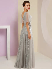 Aimishang  Sheath / Column Mother of the Bride Dress Party Sparkle & Shine V Neck Floor Length Lace Tulle Short Sleeve with Pleats Sequin