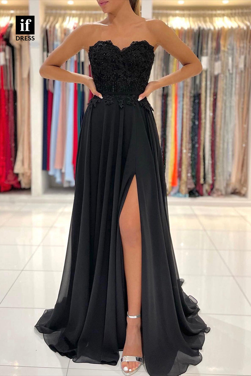 32822 - A-line Sweetheart Strapless Lace Appliques  Prom Dress with Slit