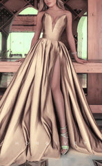 L1003 - Sexy Satin A-Line V-Neck Sleeveless Empire Ruched With Side Slit Train Party Evening Prom Formal Dress